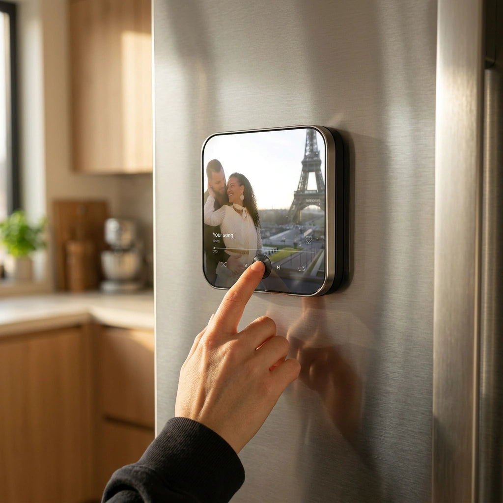 Playing a personalised MeloSpyn music magnet on a stainless-steel fridge