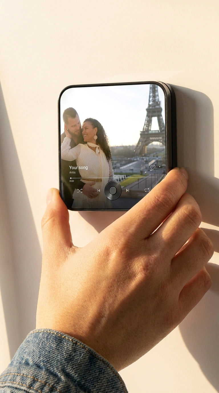 A hand placing a personalised MeloSpyn music magnet on a fridge