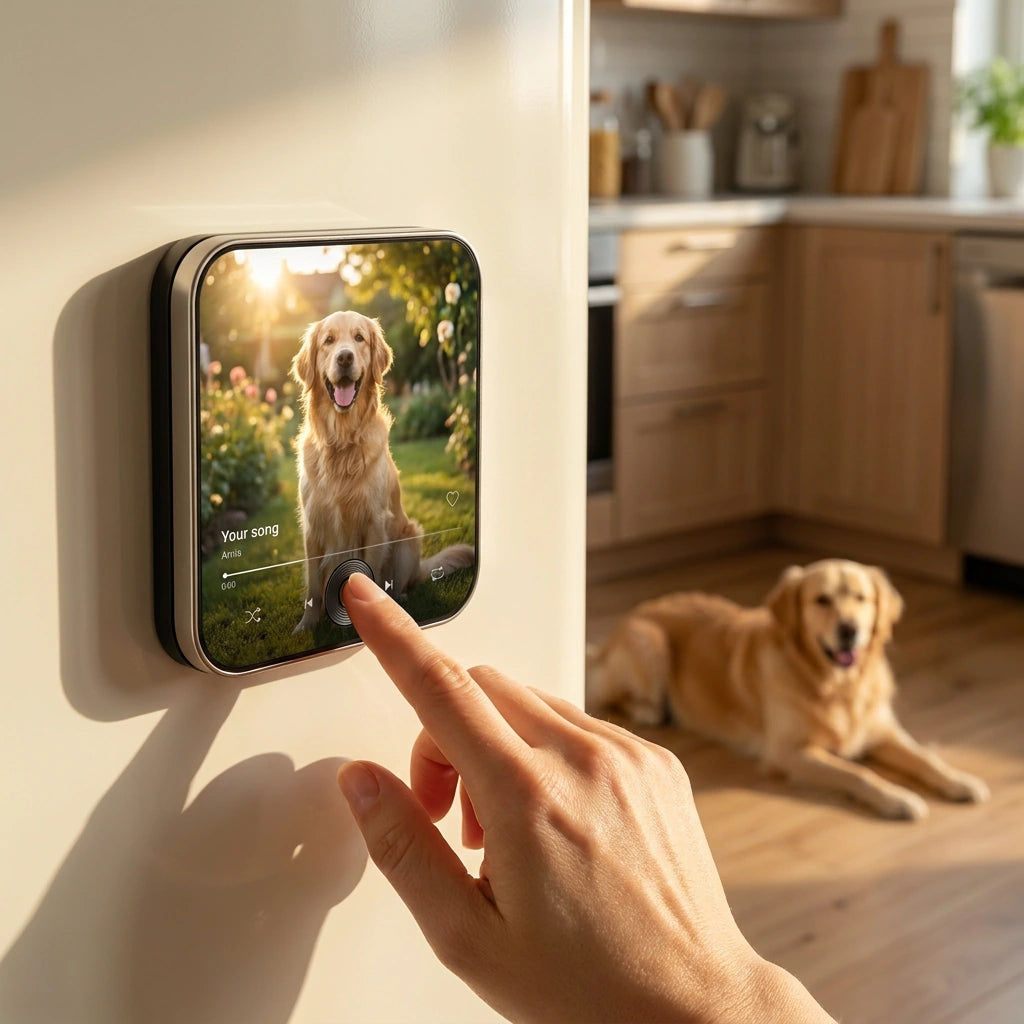 Pressing the button on a MeloSpyn magnet personalised with a dog photo