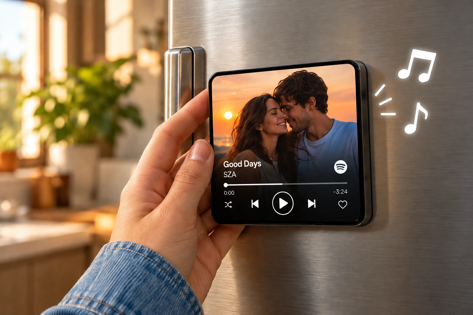 A hand placing a personalised MeloSpyn music magnet on a fridge