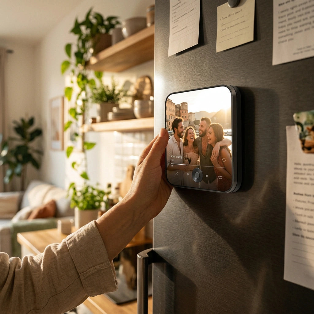 A hand placing a personalised MeloSpyn music magnet on a fridge